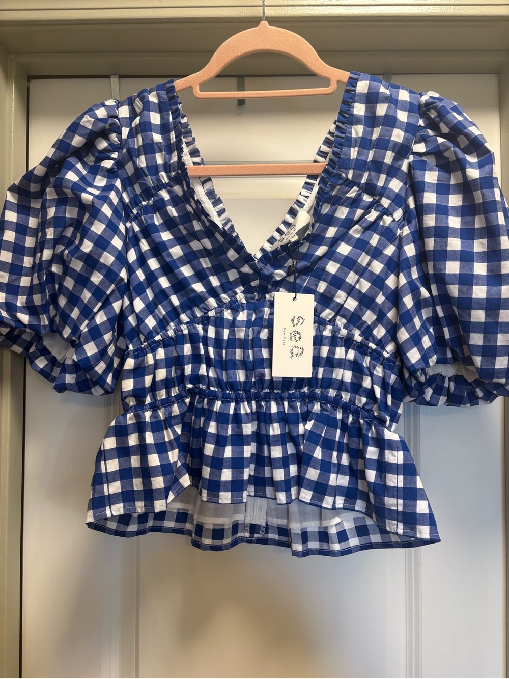 Sea New York Blue Gingham Puff-Sleeve Peplum Top